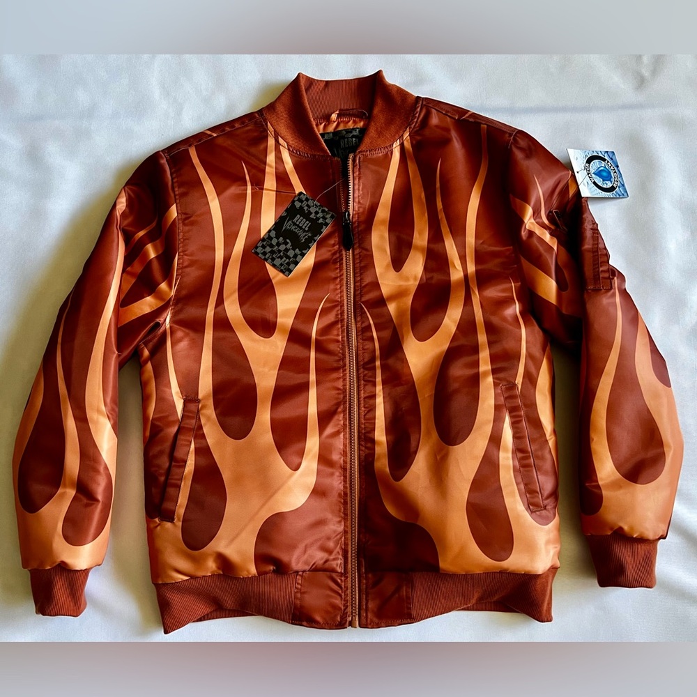 Flame Print Bomber Jacket - Rust Orange